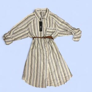 Fashion Nova Beige and Blue Striped Long Sleeve Shirt Dress
